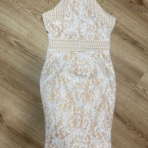 PrettyLittleThing  Lace Dress in White and Tan